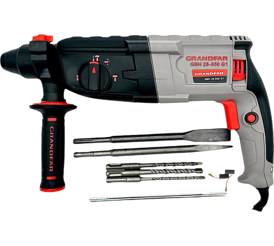 Изображение товара Перфоратор GRANDFAR (щетки 1 пара, зубило плоское 1 шт, пика 1 шт, бур 6/100,8/100,10/100 по 1 шт ) GBH28-850G1