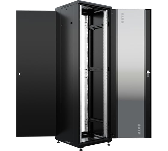 Изображение товара Шкаф напольный NTSS универсальный серверный R 47U 600х600мм, 4 профиля 19, двери стекло и сплошная металл, боковые стенки съемные, регулируемые опоры, разобранный, черный RAL 9005 NTSS-R47U6060GS-BL