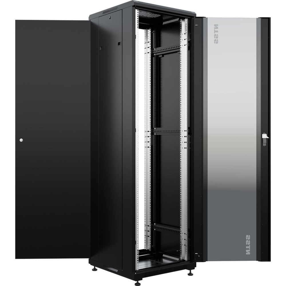 Изображение товара Шкаф напольный универсальный серверный NTSS R 32U 600х800мм, 4 профиля 19, двери стекло и сплошная металл, боковые стенки съемные, регулируемые опоры, разобранный, черный RAL 9005 NTSS-R32U6080GS-BL