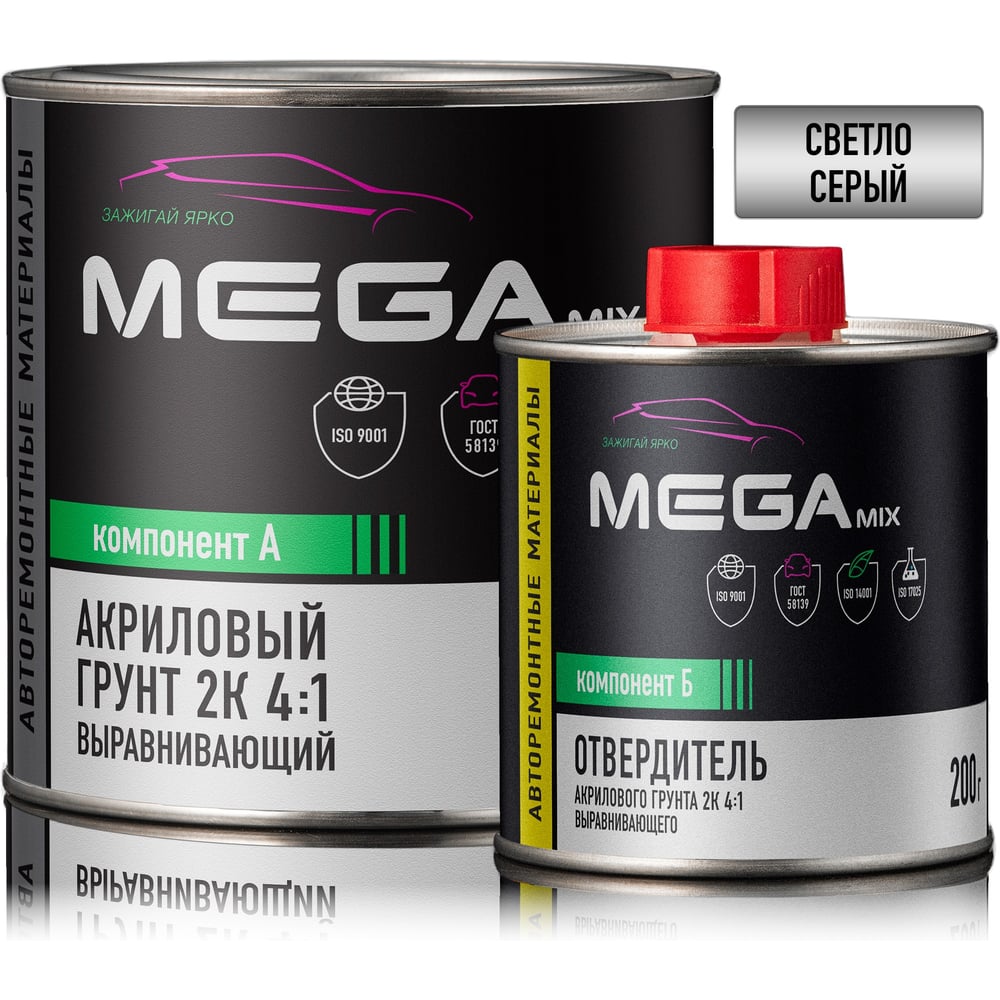 Изображение товара Грунт автомобильный акриловый Megamix 2К светло-серый 800 г + отвердитель 200 г комплект