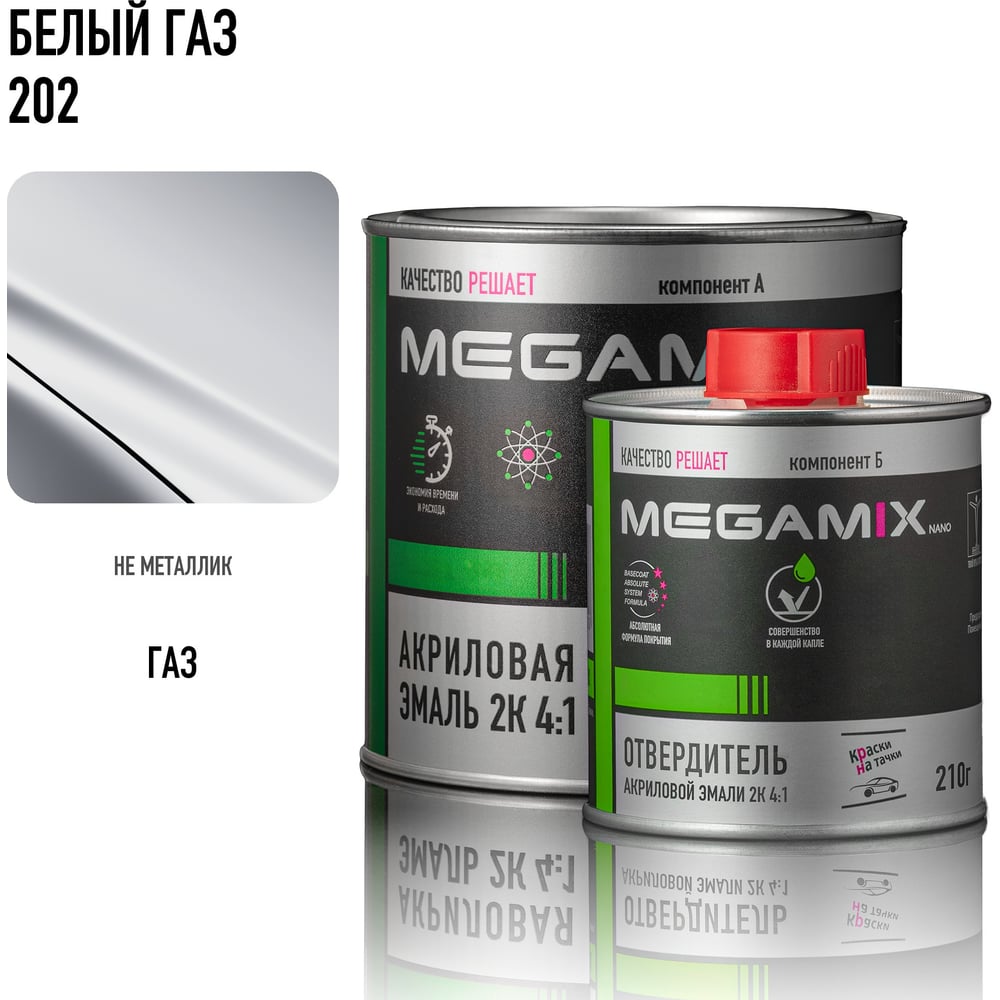 Изображение товара Эмаль акриловая Megamix 2К 4:1 для авто, Белая ГАЗ 202, 920 г + отвердитель