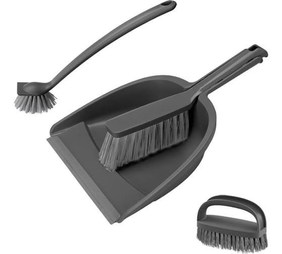 Изображение товара Набор для уборки Econova щетка - сметка с совком, щетка для посуды круглая, щетка с ручкой, темно-серый 43151201522