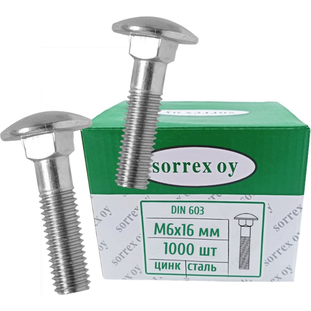 Изображение товара Болт мебельный SORREX М6x16 DIN 603, с полукруглой головкой и квадратным подголовком, 1000 шт. 0603-1-06-016 1000