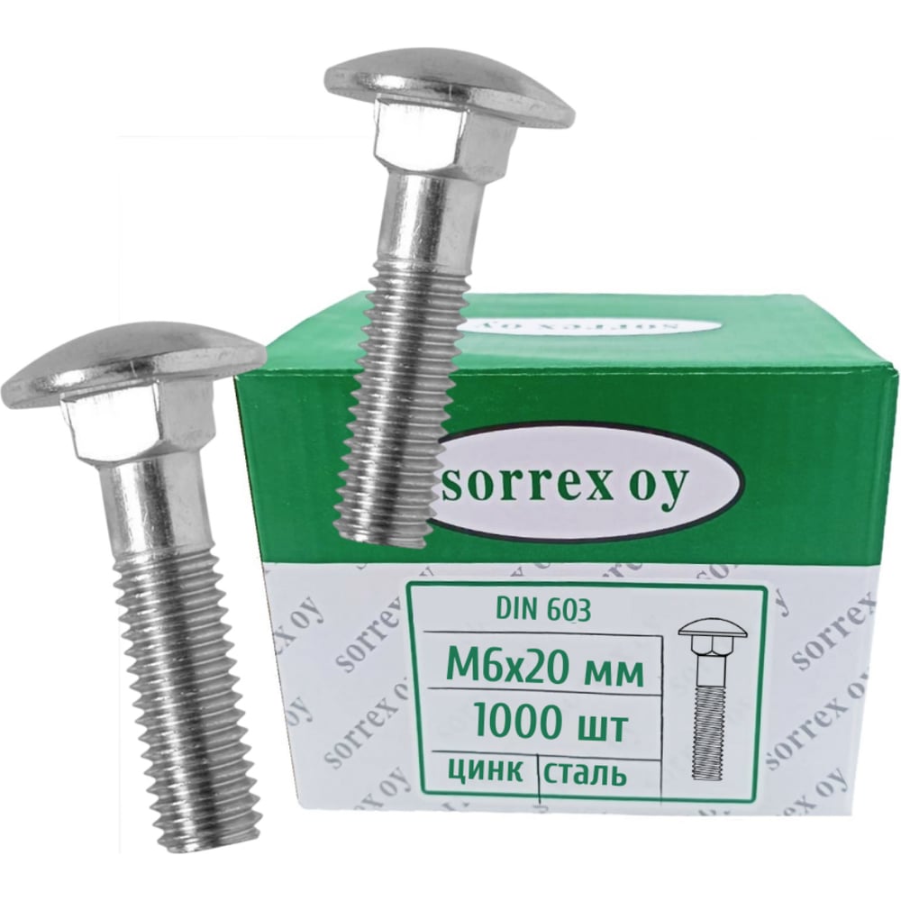 Изображение товара Болт мебельный SORREX М6x20 DIN 603, с полукруглой головкой и квадратным подголовком, 1000 шт. 0603-1-06-020 1000