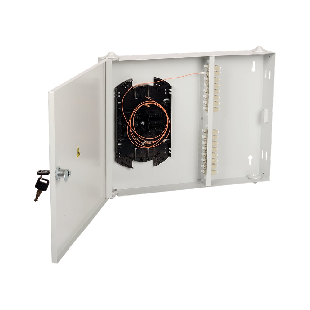 Изображение товара Оптический настенный распределительный кросс ITK укомплектованный: адаптеры LC (duplex) 12шт; пигтейлы LC/UPC 9/125 (OS2); сплайс-кассета; КДЗС FOBX16-N-12LCUD09