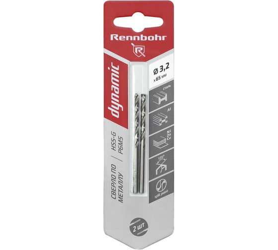 Изображение товара Сверло по металлу RENNBOHR DYNAMIC CARD 3.2x65 мм, HSS-G, P6M5, 2шт/уп 675032