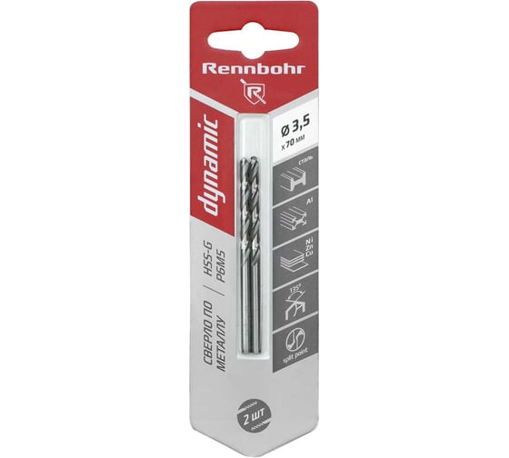 Изображение товара Сверло по металлу RENNBOHR DYNAMIC CARD 3.5x70 мм, HSS-G, P6M5, 2шт/уп 675035