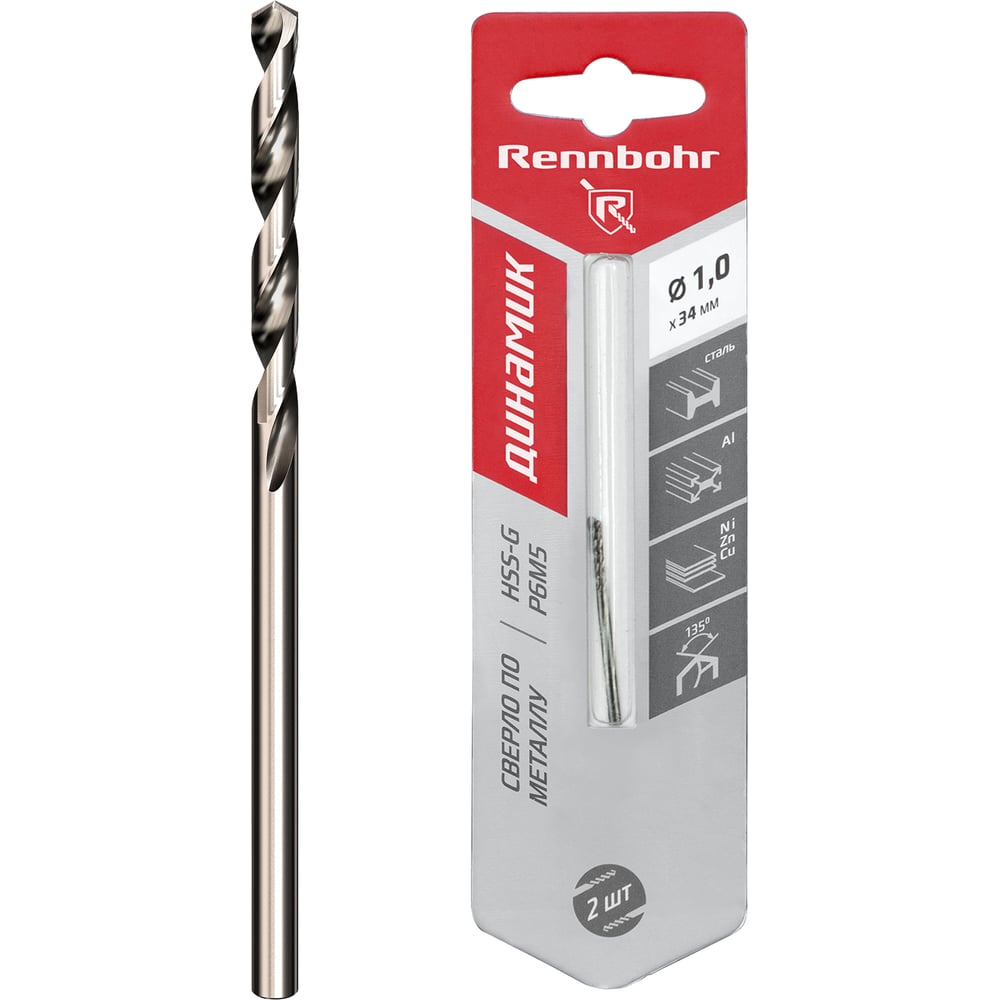 Изображение товара Сверло по металлу RENNBOHR DYNAMIC CARD 1.0x34 мм, HSS-G, P6M5, 2шт/уп 675010 Изображение товара Сверло по металлу RENNBOHR DYNAMIC CARD 1.0x34 мм, HSS-G, P6M5, 2шт/уп 675010