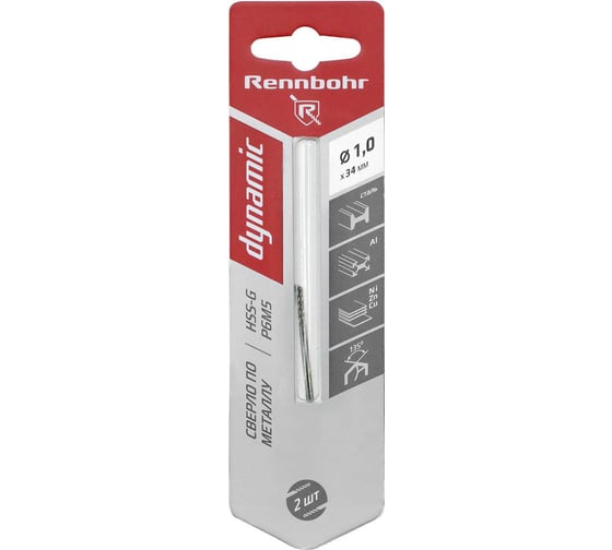 Изображение товара Сверло по металлу RENNBOHR DYNAMIC CARD 1.0x34 мм, HSS-G, P6M5, 2шт/уп 675010