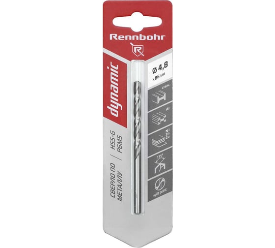 Изображение товара Сверло по металлу RENNBOHR DYNAMIC CARD 4.8x86 мм, HSS-G, P6M5, 1шт/уп 675048