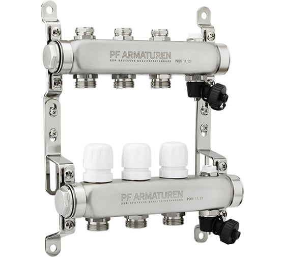 Изображение товара Коллекторная группа PROFACTOR из нержавеющей стали с настроечным клапаном и ручным воздухоотводчиком 1х3 выхода 3/4ЕК PF MB 808.3
