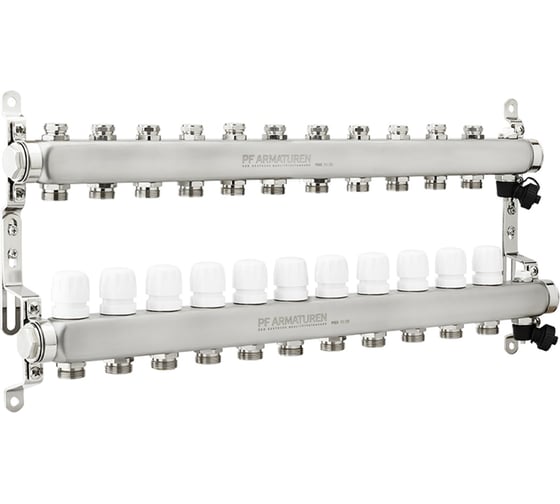 Изображение товара Коллекторная группа PROFACTOR из нержавеющей стали с настроечным клапаном и ручным воздухоотводчиком 1х11 выходов 3/4ЕК PF MB 808.11