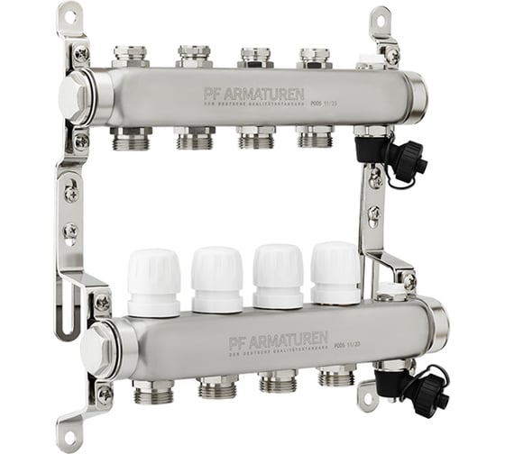 Изображение товара Коллекторная группа PROFACTOR из нержавеющей стали с настроечным клапаном и ручным воздухоотводчиком 1х4 выхода 3/4ЕК PF MB 808.4