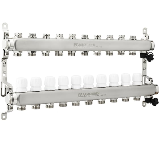 Изображение товара Коллекторная группа PROFACTOR из нержавеющей стали с настроечным клапаном и ручным воздухоотводчиком 1х10 выходов 3/4ЕК PF MB 808.10