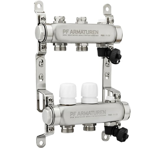 Изображение товара Коллекторная группа PROFACTOR из нержавеющей стали с настроечным клапаном и ручным воздухоотводчиком 1х2 выхода 3/4ЕК PF MB 808.2