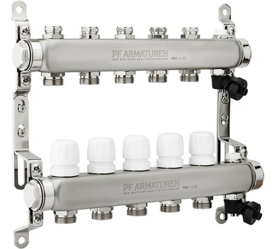 Изображение товара Коллекторная группа PROFACTOR из нержавеющей стали с настроечным клапаном и ручным воздухоотводчиком 1х5 выходов 3/4ЕК PF MB 808.5