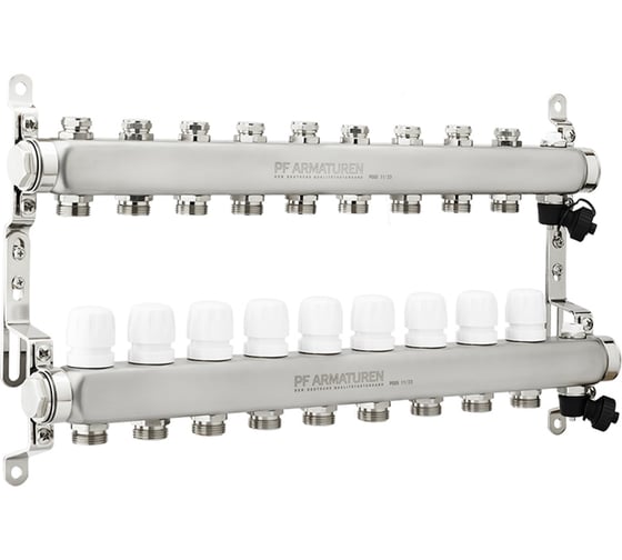 Изображение товара Коллекторная группа PROFACTOR из нержавеющей стали с настроечным клапаном и ручным воздухоотводчиком 1х9 выходов 3/4ЕК PF MB 808.9