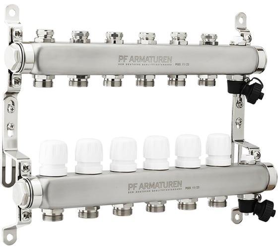 Изображение товара Коллекторная группа PROFACTOR из нержавеющей стали с настроечным клапаном и ручным воздухоотводчиком 1х6 выходов 3/4ЕК PF MB 808.6