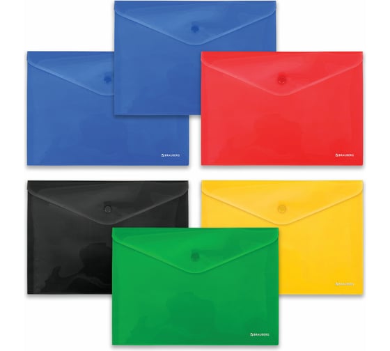 Изображение товара Папка-конверт BRAUBERG МАЛОГО ФОРМАТА А6 КОМПЛЕКТ 5+1 шт В ПОДАРОК с кнопкой, цвета ассорти 272874