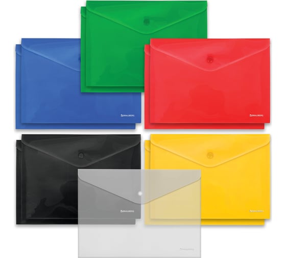 Изображение товара Папка-конверт BRAUBERG с кнопкой малого формата А5, комплект 10+1 шт, в подарок, цвета ассорти 272870