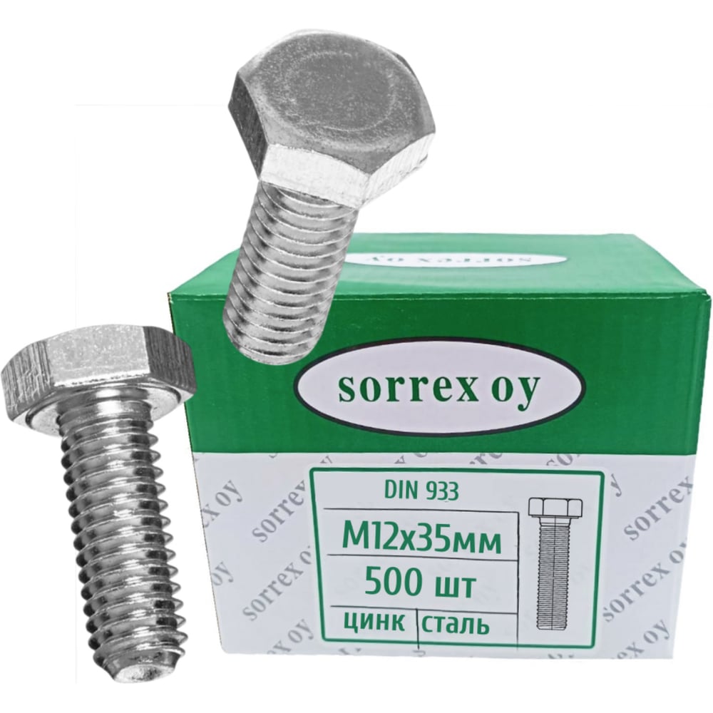Изображение товара Болт SORREX DIN 933 М12x35мм оцинкованный класс прочности 5.8 (500 штук) 0933-105-12-035 500