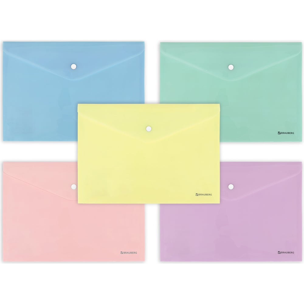 Изображение товара Папка-конверт BRAUBERG PASTEL с кнопкой А4, комплект 5 шт, пастельные цвета ассорти, 0,18 мм 272866