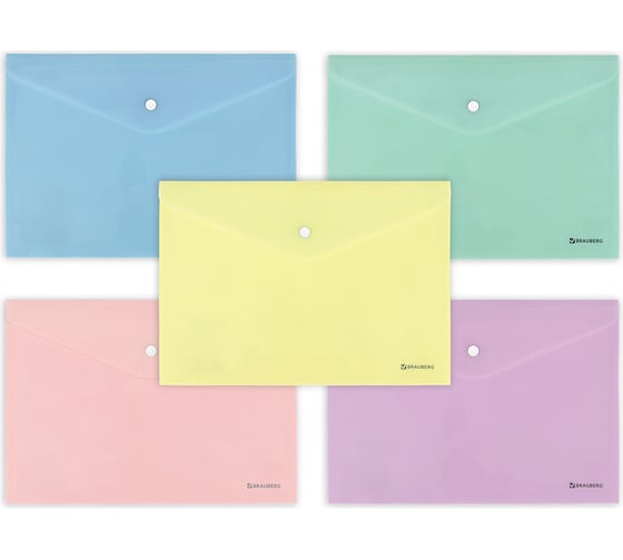 Изображение товара Папка-конверт BRAUBERG PASTEL с кнопкой А4, комплект 5 шт, пастельные цвета ассорти, 0,18 мм 272866