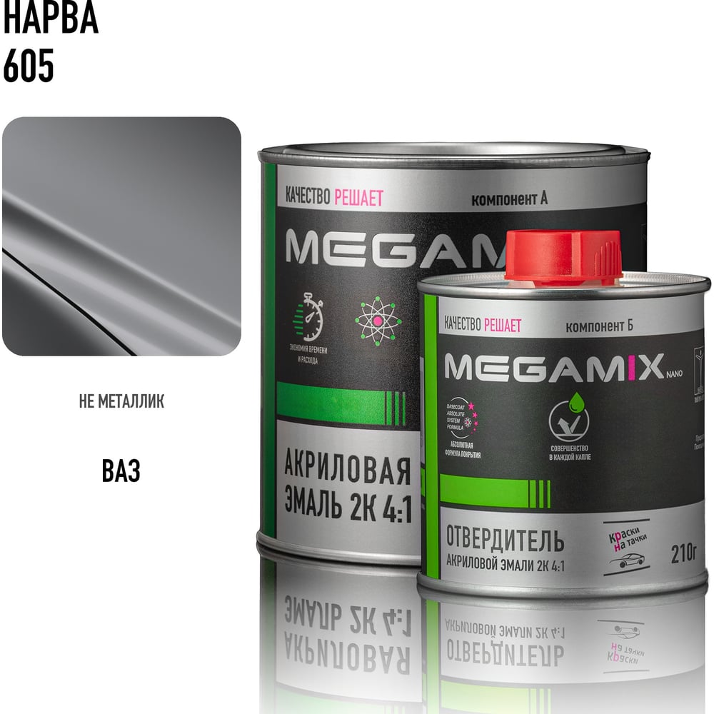 Изображение товара Эмаль акриловая Megamix 2К 4:1, Нарва 605 комплект (эмаль: 840 мл + отвердитель: 210 мл) 4673755229703 Изображение товара Эмаль акриловая Megamix 2К 4:1, Нарва 605 комплект (эмаль: 840 мл + отвердитель: 210 мл) 4673755229703
