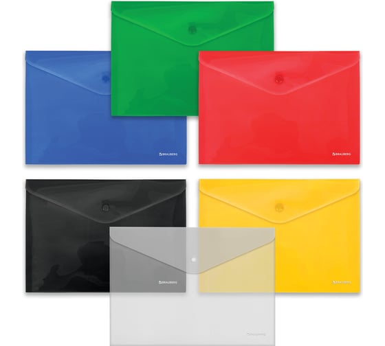 Изображение товара Папка-конверт BRAUBERG с кнопкой, А4, комплект 5+1 шт в подарок, цвета ассорти 272900