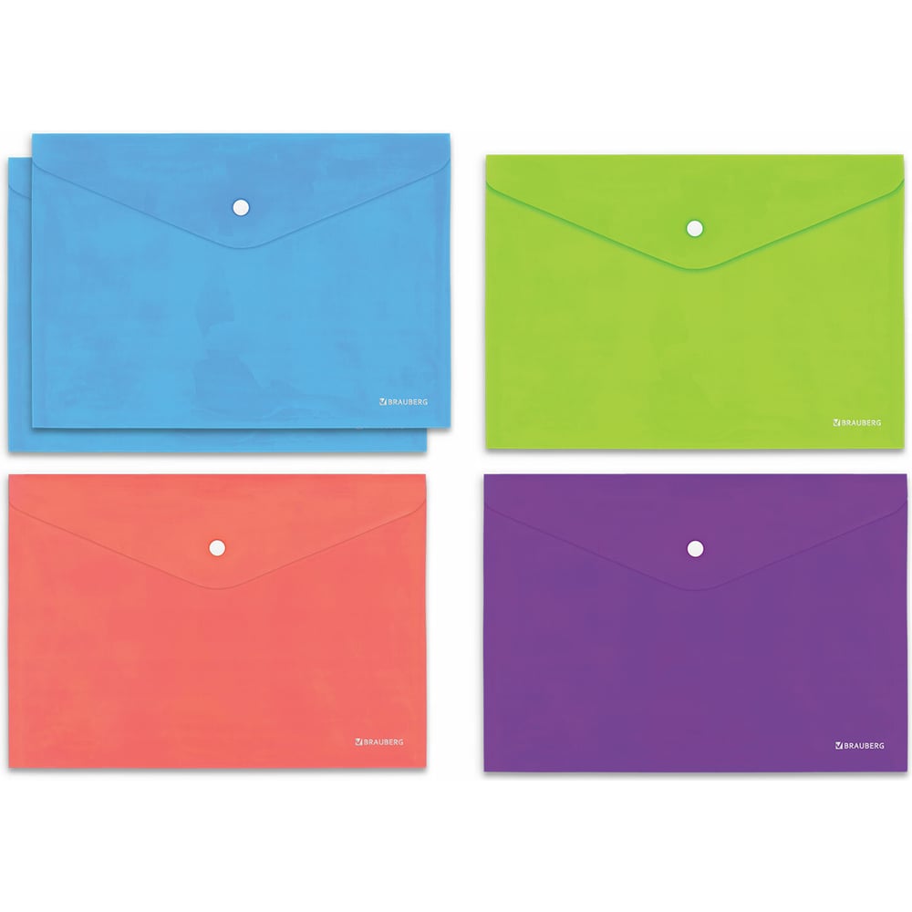 Изображение товара Папка-конверт BRAUBERG NEON с кнопкой, А4, ассорти, комплект 5 шт