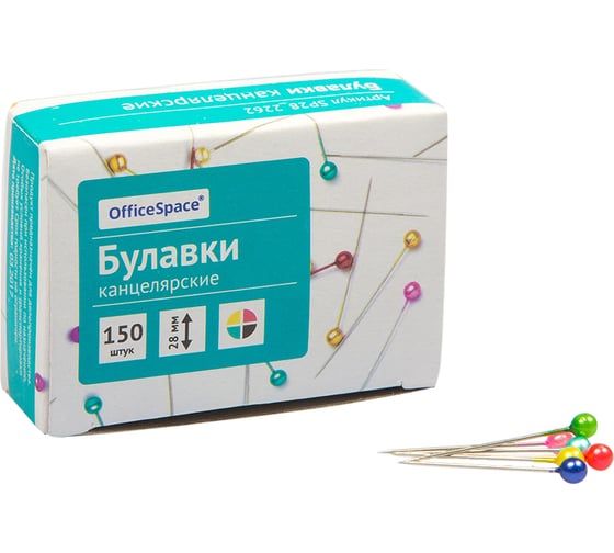 Изображение товара Булавки офисные OfficeSpace, 28 мм, 10 упаковок по 150 шт, картонная коробка SP28_2262