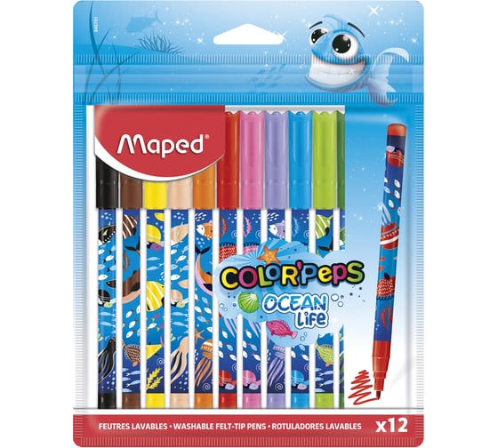 Изображение товара Фломастеры ОФИСМАГ MAPED COLOR'PEPS Ocean Life, 12 цветов, смываемые, вентилируемый колпачок, 845701 152559