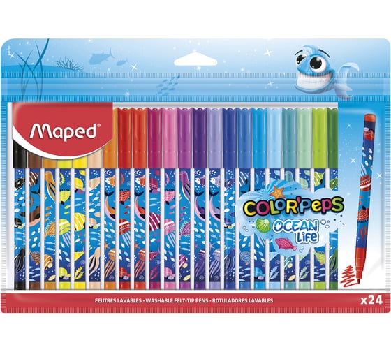 Изображение товара Фломастеры ОФИСМАГ MAPED COLOR'PEPS Ocean Life, 24 цвета, смываемые, вентилируемый колпачок, 845703 152560