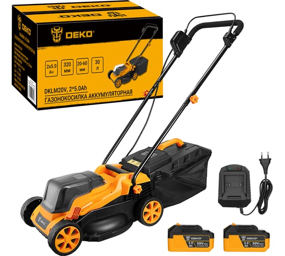 Изображение товара Газонокосилка аккумуляторная DEKO DKLM20V, 20В, 2x5.0Aч, з/у, 320мм 085-2024