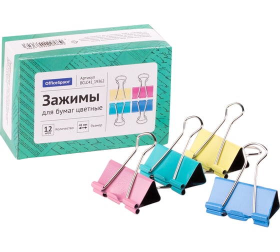 Изображение товара Зажимы для бумаг OfficeSpace 41 мм, цветные, картонная коробка BCLC41_19362