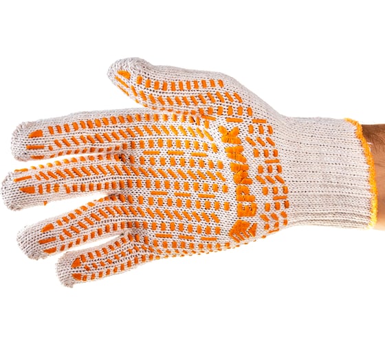 Изображение товара Вязаные перчатки ЕРМАК ЛЮКС х/б с ПВХ напылением, 5 нитей, белые, 62г, 24см, подвес 638-007