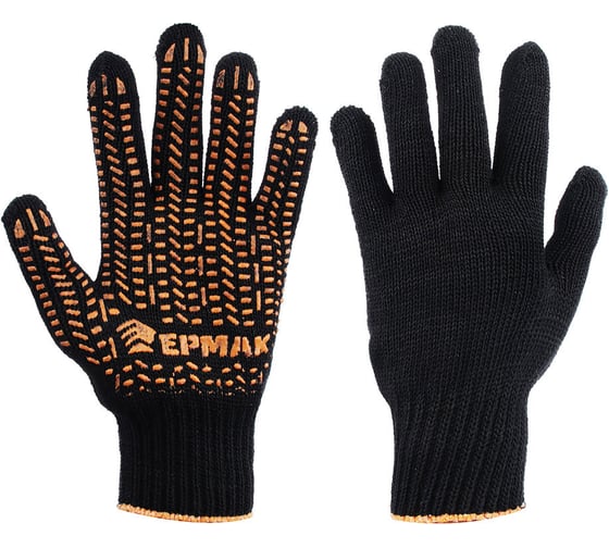 Изображение товара Вязаные перчатки ЕРМАК ЛЮКС х/б с ПВХ напылением, 5 нитей, черные, 62г, 24см, подвес 638-008