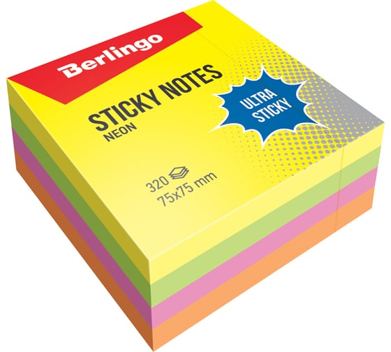Изображение товара Самоклеящийся блок BERLINGO Ultra Sticky 75х75 мм, 320 листов, 4 неоновых цвета LSn_40002