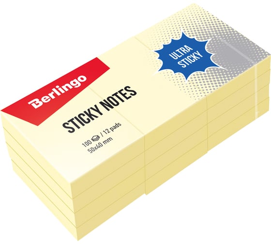 Изображение товара Самоклеящийся блок BERLINGO Ultra Sticky 50х40 мм, 12 блоков по 100 листов, пастель, желтый LSn_39000