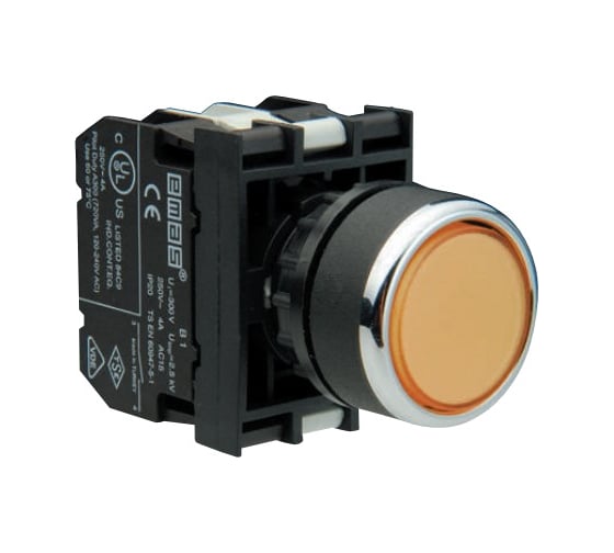 Изображение товара Нажимная кнопка Emas круглая жёлтая, с фиксацией, 2НО, серия B, 250В AC, 4А, 10шт. B101FS