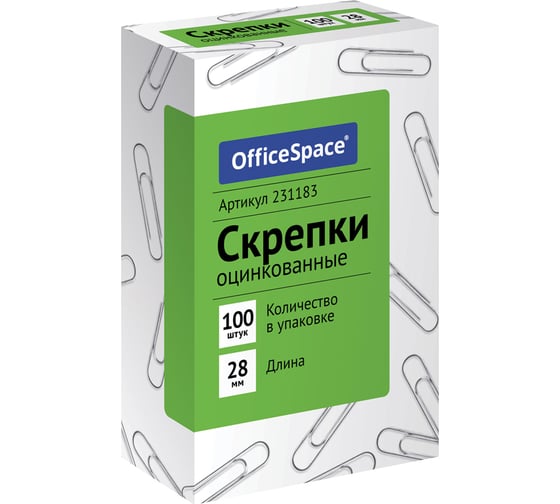 Изображение товара Скрепки OfficeSpace 28 мм, 10 упаковок по 100 шт, оцинкованные, картонная упаковка 231183