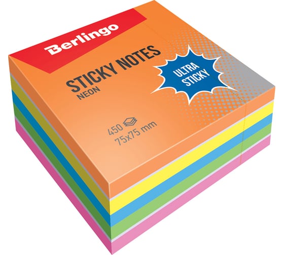 Изображение товара Самоклеящийся блок BERLINGO Ultra Sticky 75х75 мм, 450 листов, 5 неоновых цветов, 1 белый LSn_40202