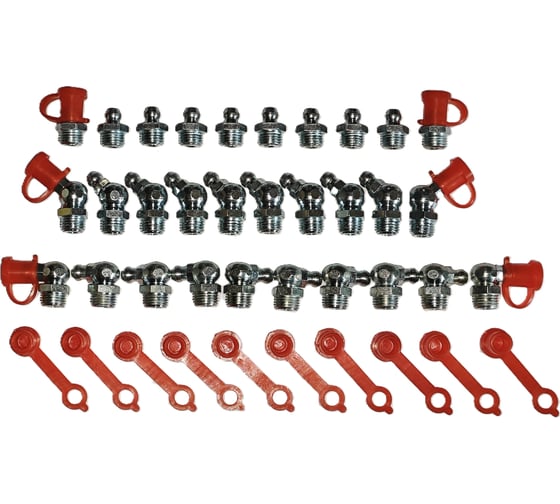 Изображение товара Набор пресс-масленок MasloSmenka M8 с колпачками (H1-10 шт., H2-10 шт., H3-10шт.) + защ. колпачки красные 42 мм - 30 шт. 010103-123