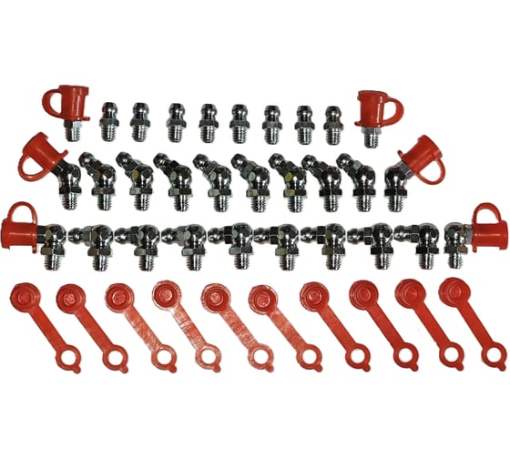 Изображение товара Набор пресс-масленок MasloSmenka M6 с колпачками (H1-10 шт., H2-10 шт., H3-10шт.) + защ. колпачки красные 42 мм - 30 шт. 010102-123