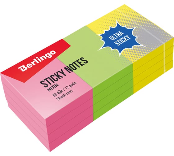 Изображение товара Самоклеящийся блок BERLINGO Ultra Sticky 50х40 мм, 12 блоков по 80 листов, 3 неоновых цвета LSn_39002