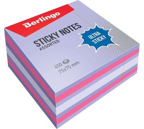 Изображение товара Самоклеящийся блок BERLINGO Ultra Sticky 75х75 мм, 450 листов, 3 цвета LSn_40201