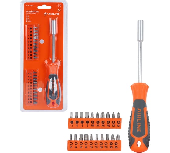 Изображение товара Отвёртка с битами Airline 21 пр. (SL, PH, PZ, HEX, TORX) блистер ATAU040