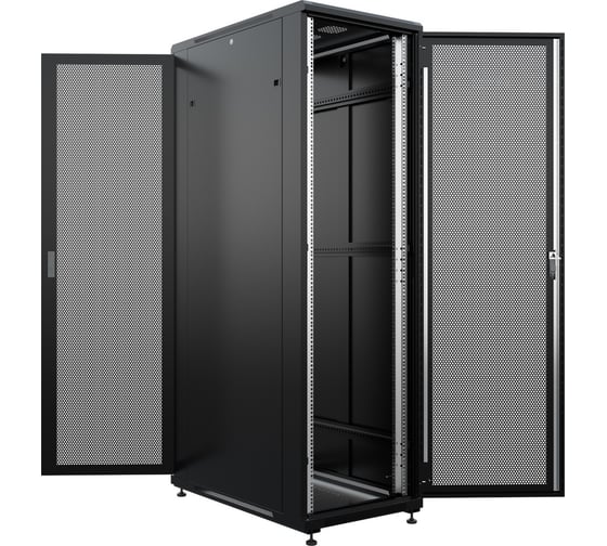 Изображение товара Шкаф напольный универсальный серверный NTSS R 22U 600х800мм, 4 профиля 19, двери перфорированная и перфорированная, боковые стенки съемные, регулируемые опоры, разобранный, черный RAL 9005 NTSS-R22U6080PD/PD-BL