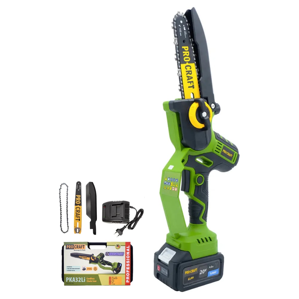 Изображение товара Пила цепная аккумуляторная PROCRAFT 20В 6'/8' 2 Шины+ 2 Цепи, АКБ 4Ач+ЗУ PKA32Li