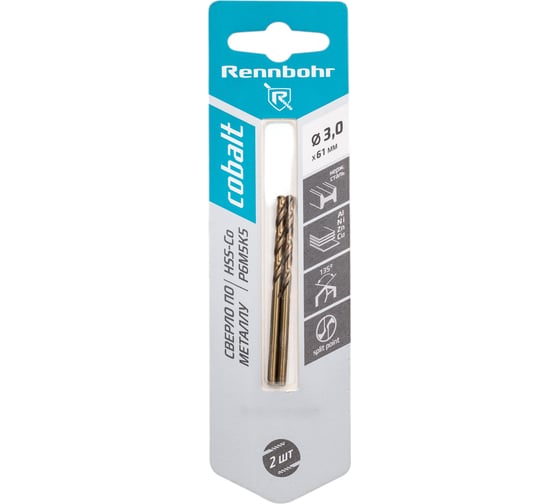 Изображение товара Сверло по металлу Rennbohr COBALT CARD 3.0x61 мм, HSS-Co, Р6М5К5, 2шт/уп 668030